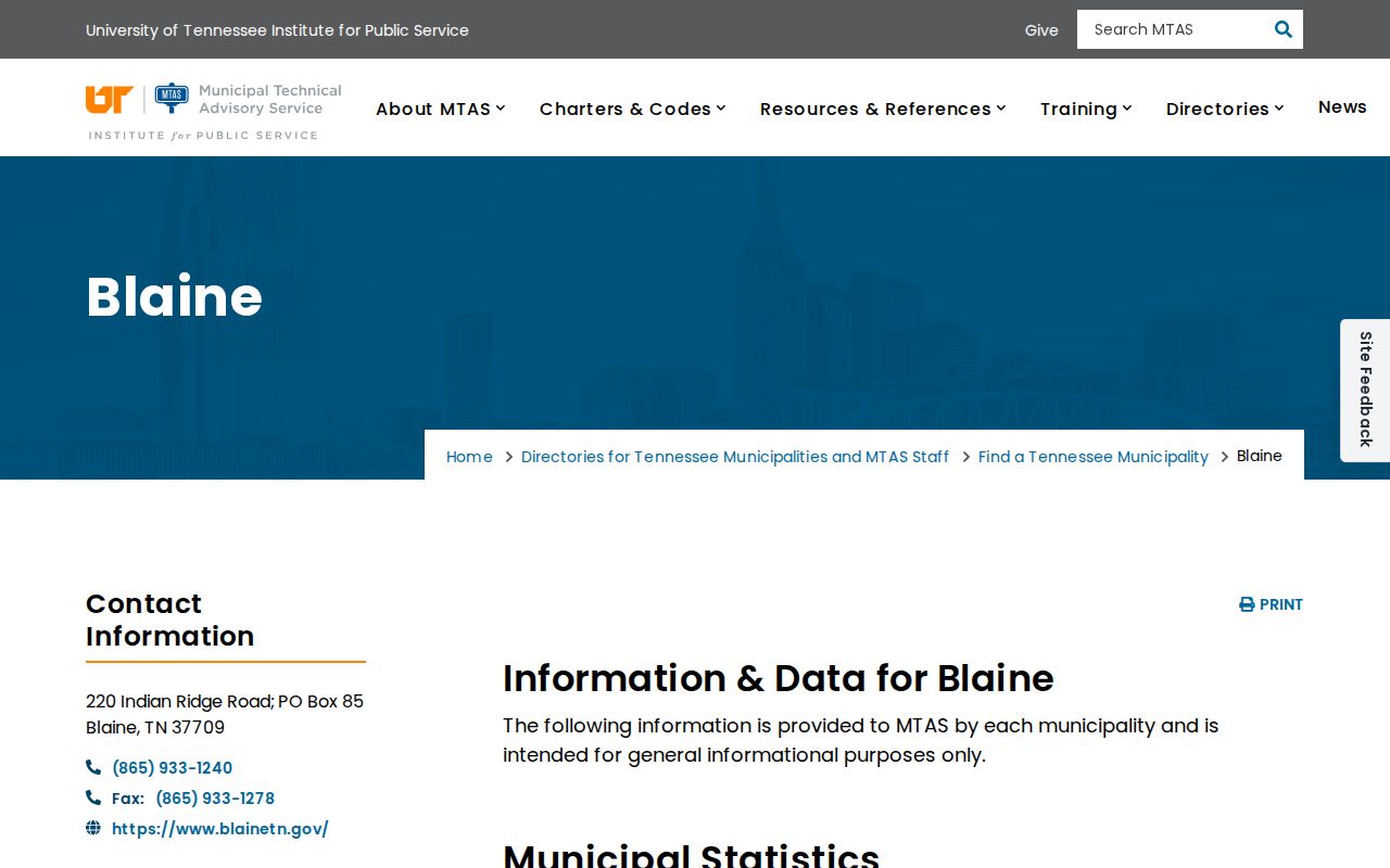 Blaine criminal records contact details in the official MTAS directory for Grainger County