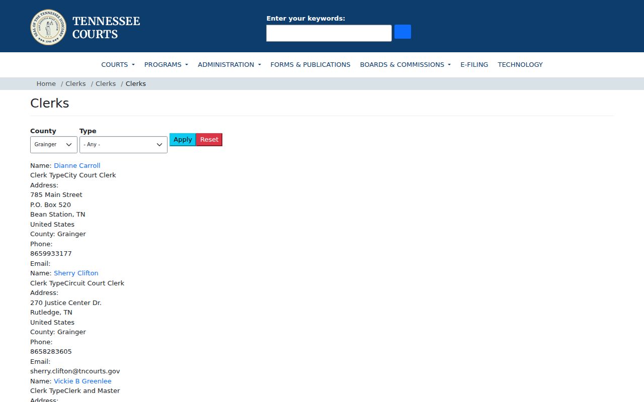 Grainger County criminal court clerks directory for case searches