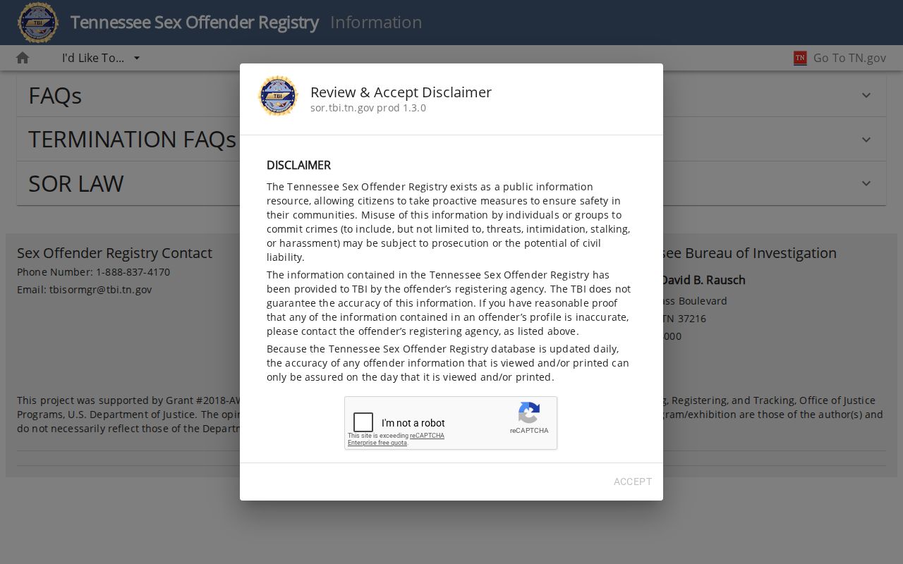 TBI rules and daily update notice for Grainger County registry records
