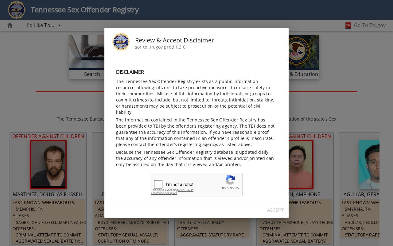 Tennessee registry interface for a Grainger County sex offender search