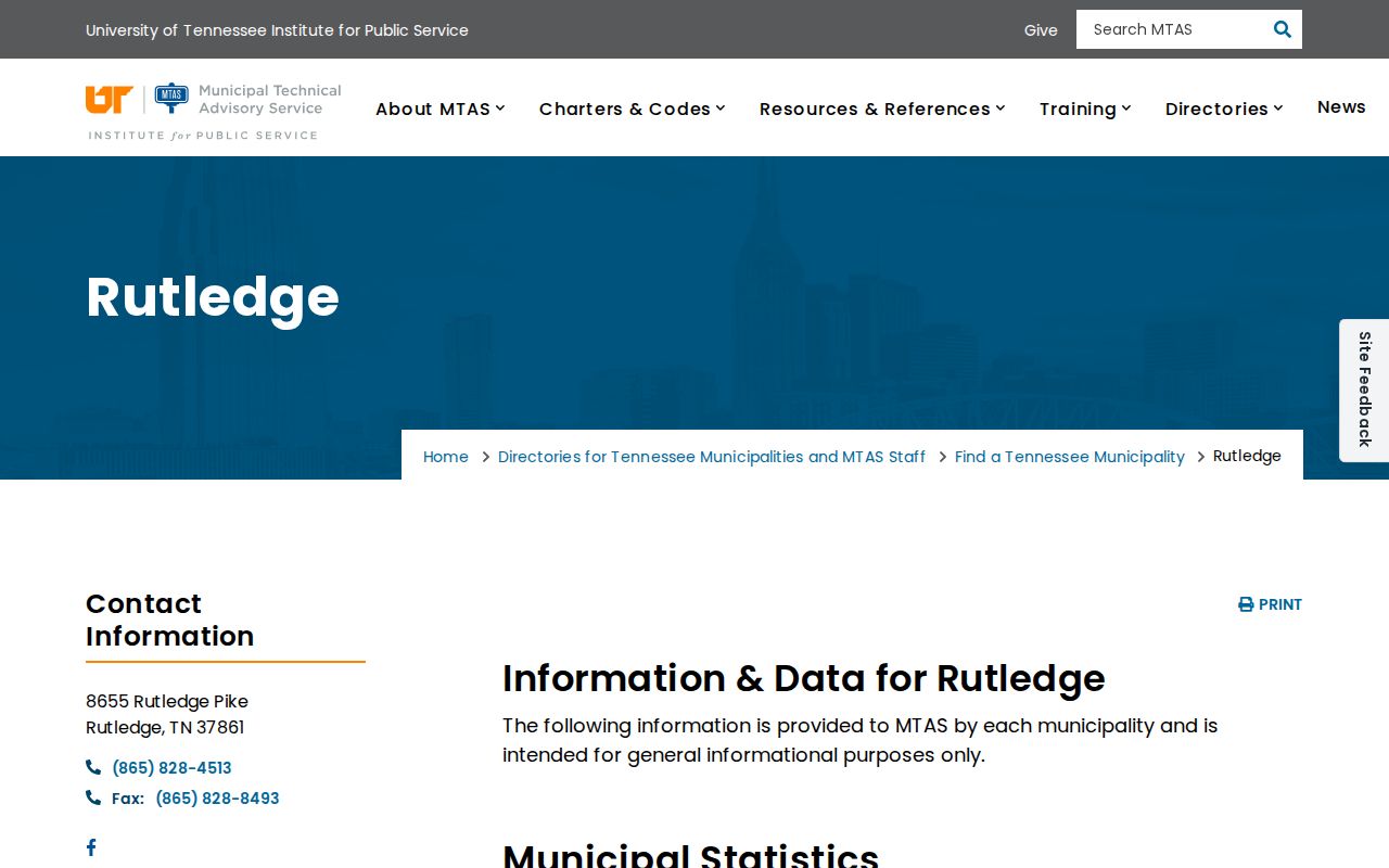 Rutledge criminal records contact information in the official MTAS directory for Grainger County